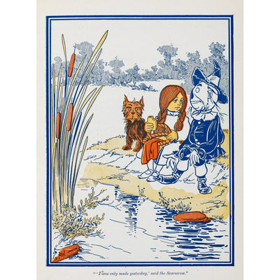 Toto, Dorothy and the Scarecrow at the Riverbank print