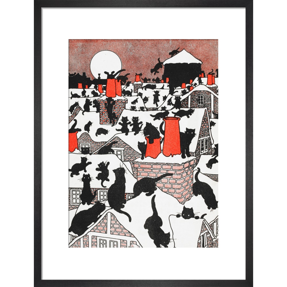 A black cat holiday print in black frame