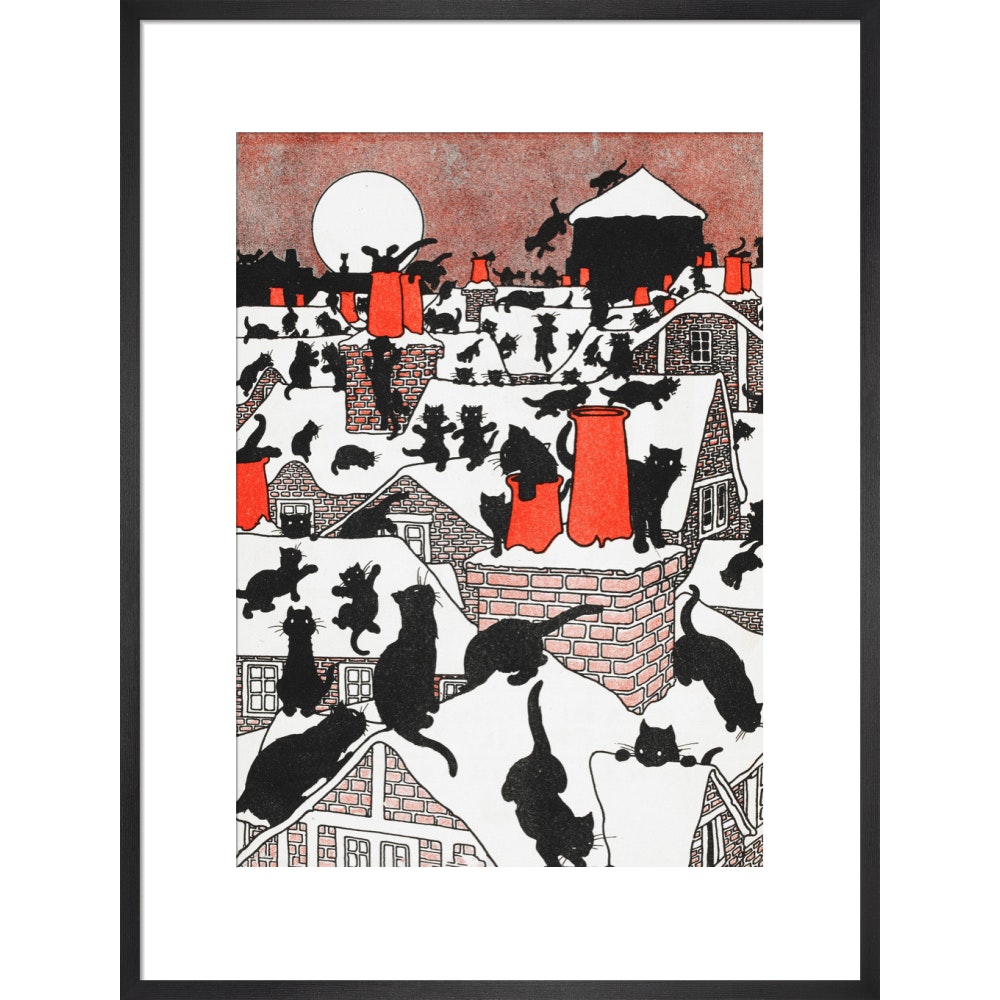 A black cat holiday print in black frame