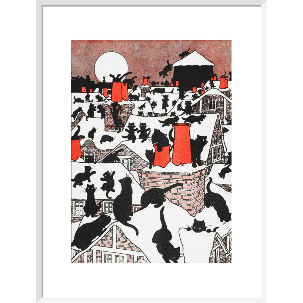 A black cat holiday print in white frame