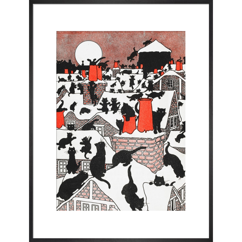 A black cat holiday print in black frame