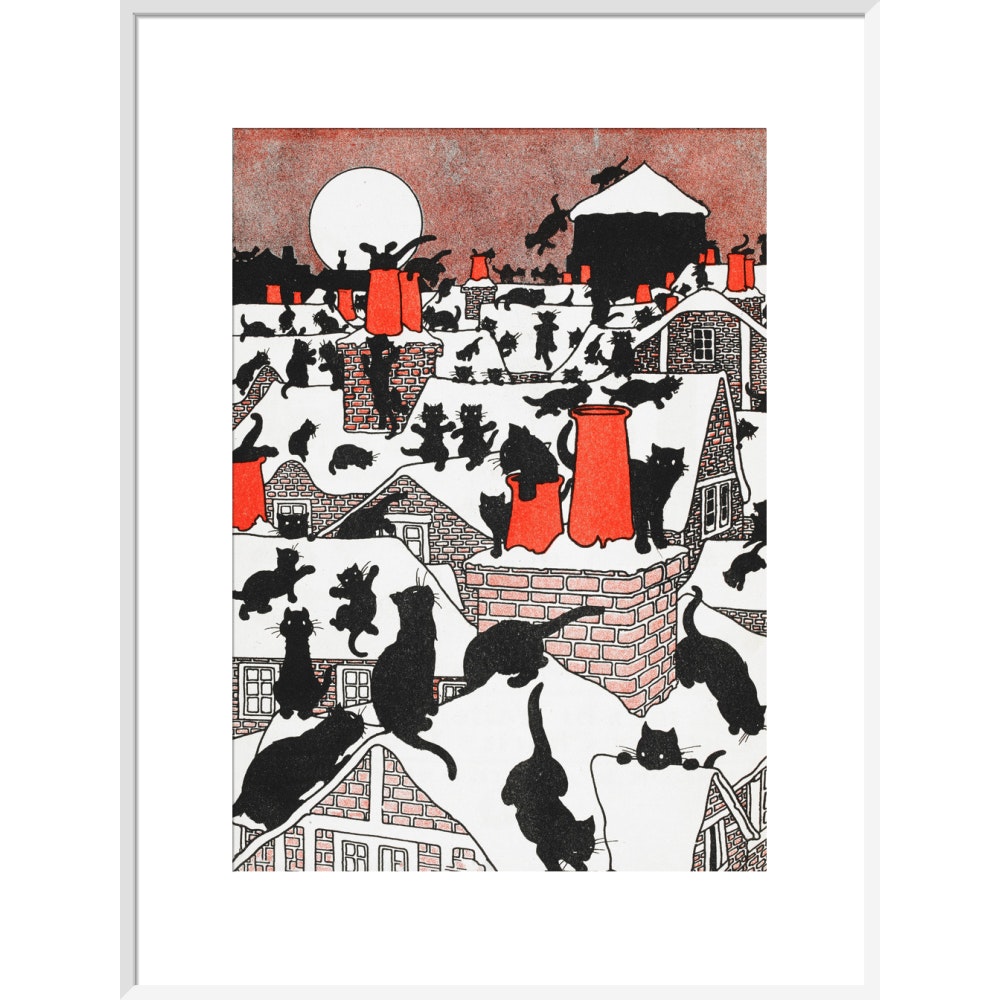 A black cat holiday print in white frame