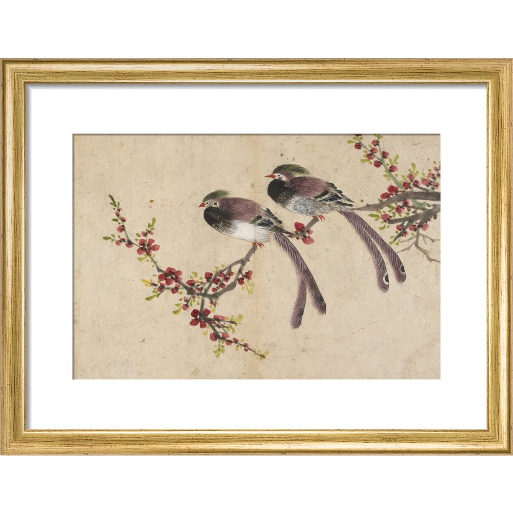 Long-tailed birds on plum tree branch print in gold frame