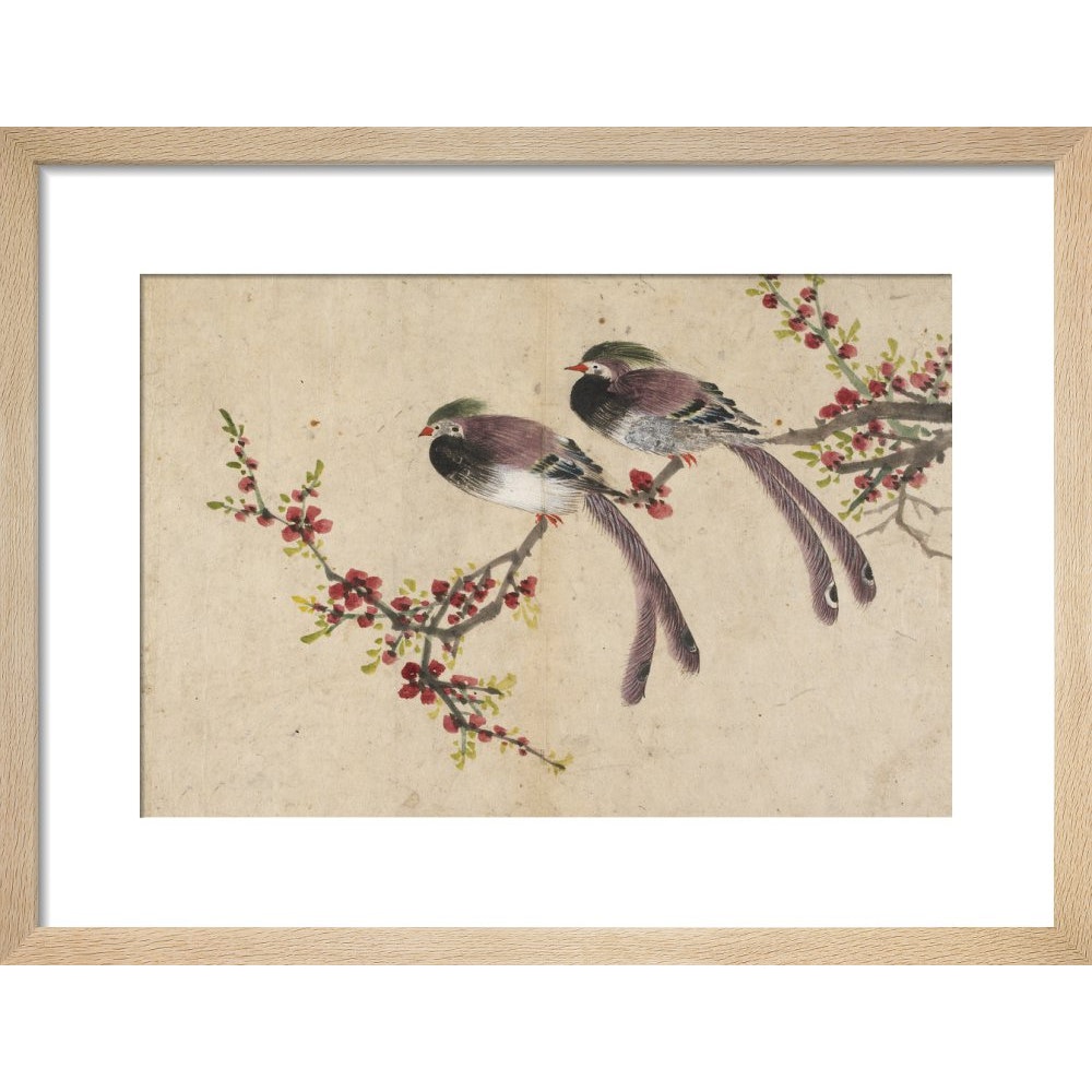 Long-tailed birds on plum tree branch print in natural frame