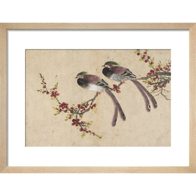 Long-tailed birds on plum tree branch print in natural frame