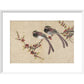 Long-tailed birds on plum tree branch print in white frame