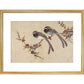 Long-tailed birds on plum tree branch print in gold frame