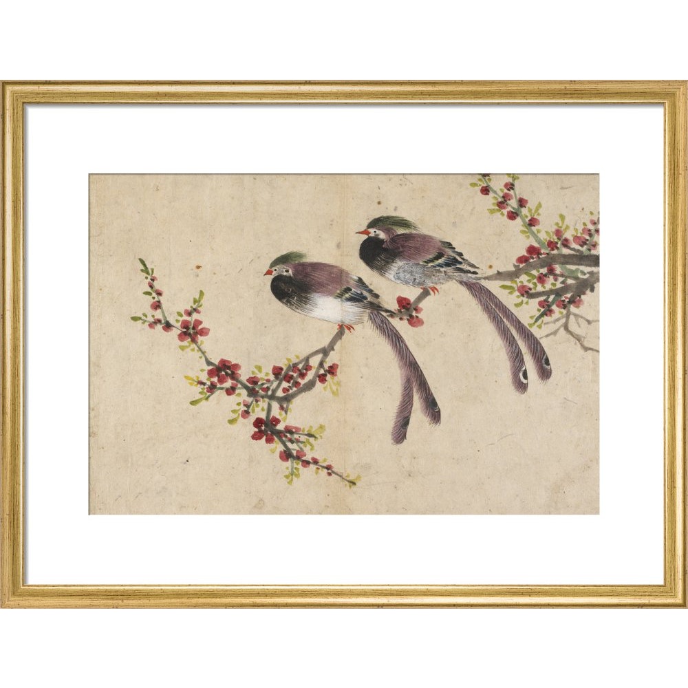 Long-tailed birds on plum tree branch print in gold frame