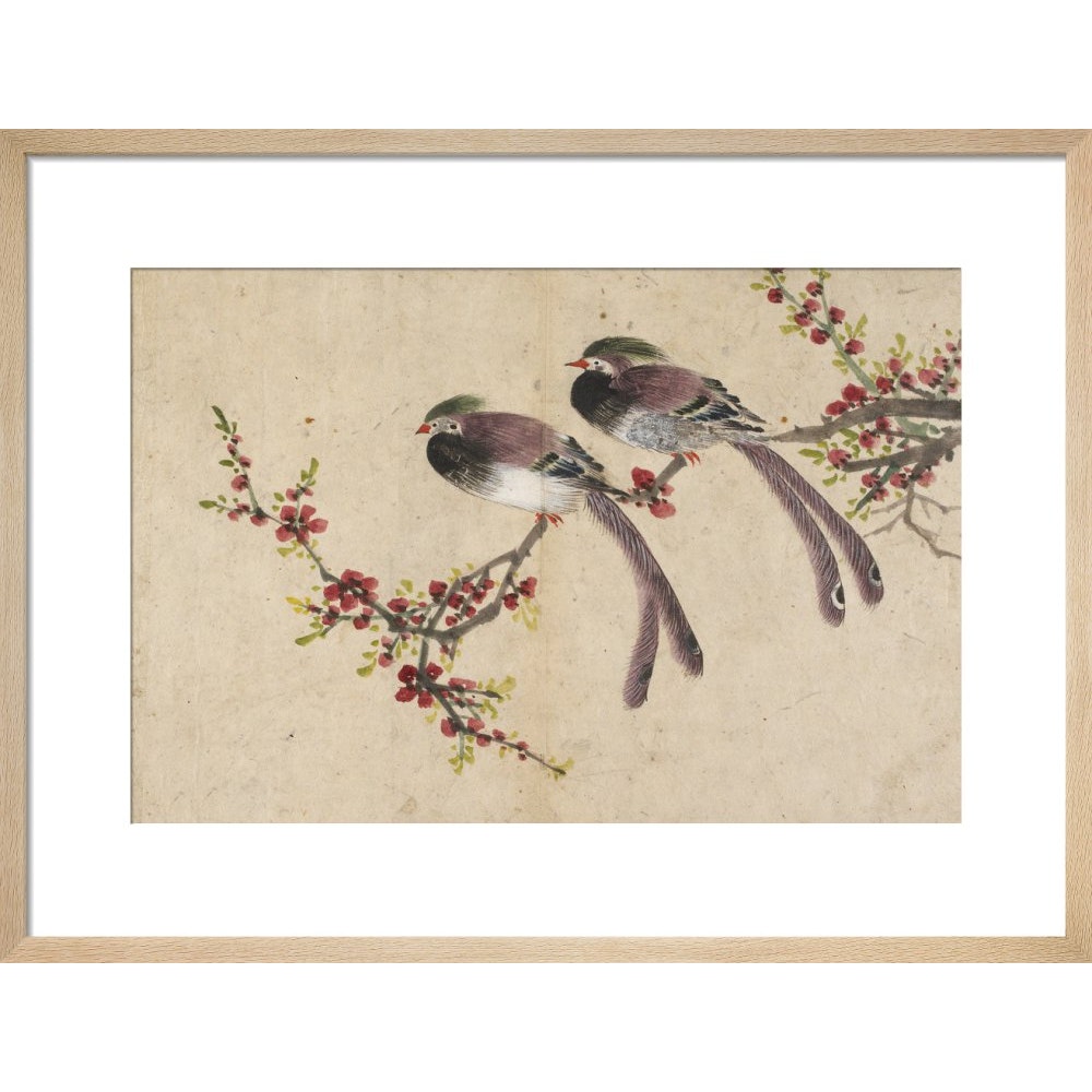 Long-tailed birds on plum tree branch print in natural frame