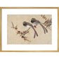 Long-tailed birds on plum tree branch print in gold frame