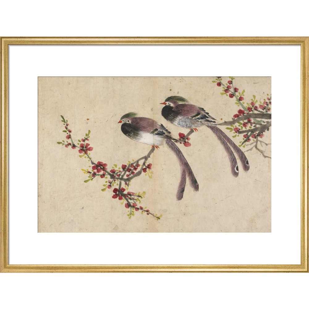 Long-tailed birds on plum tree branch print in gold frame