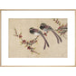 Long-tailed birds on plum tree branch print in natural frame