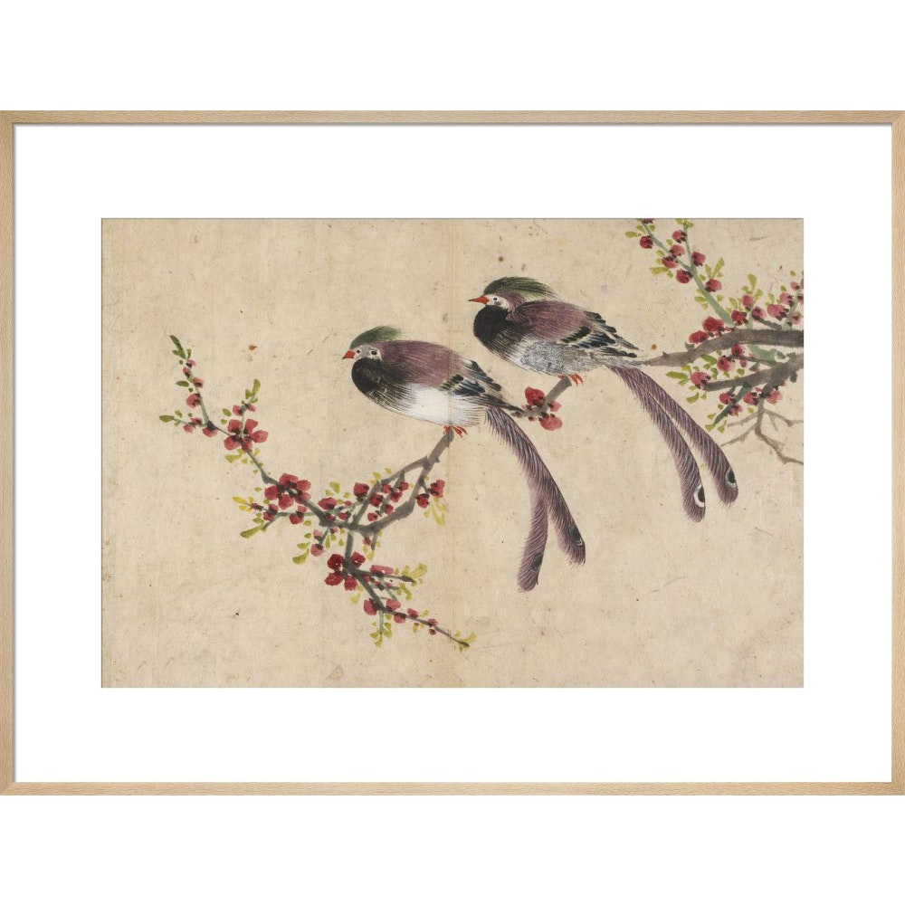 Long-tailed birds on plum tree branch print in natural frame