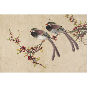 Long-tailed birds on plum tree branch print