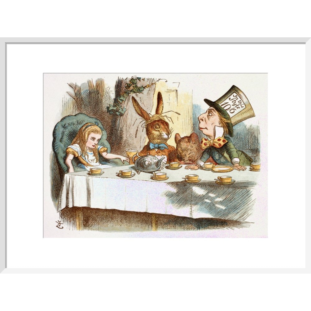 The Mad Hatter's Tea party print in white frame