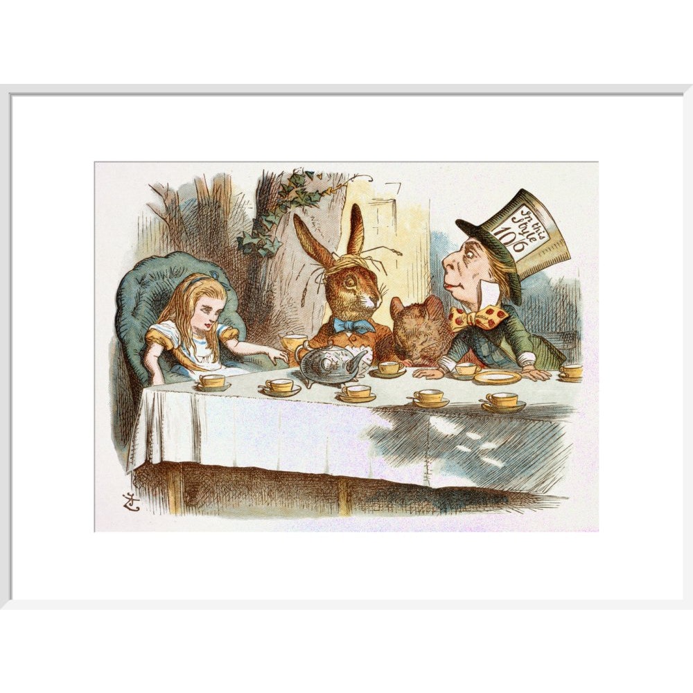 The Mad Hatter's Tea party print in white frame