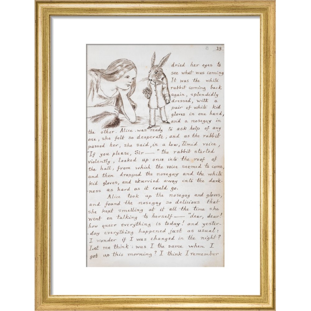 Alice and the White Rabbit print in gold frame