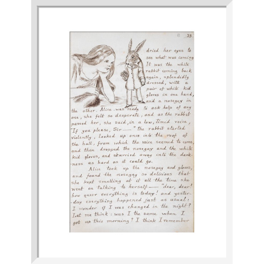 Alice and the White Rabbit print in white frame