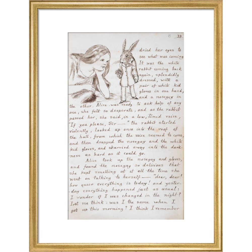 Alice and the White Rabbit print in gold frame