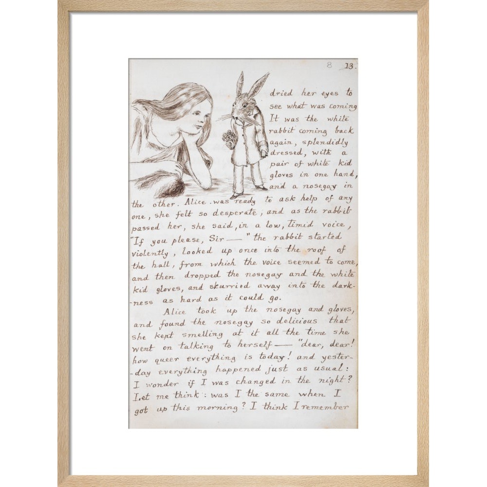 Alice and the White Rabbit print in natural frame