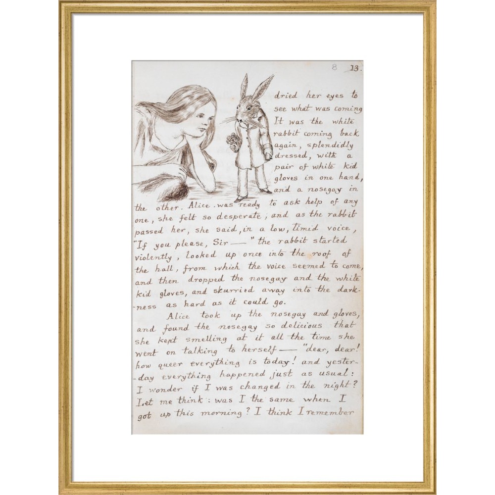 Alice and the White Rabbit print in gold frame