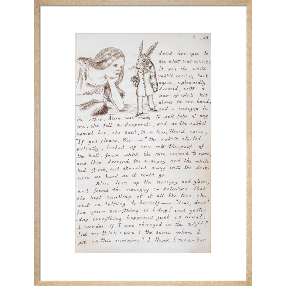 Alice and the White Rabbit print in natural frame