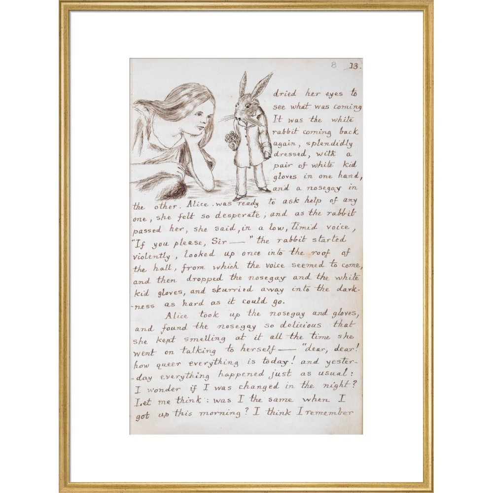 Alice and the White Rabbit print in gold frame