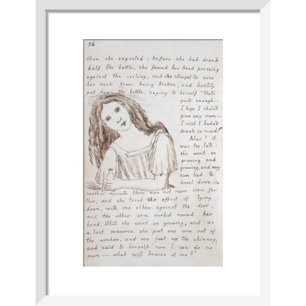 Alice puts down the bottle print in white frame