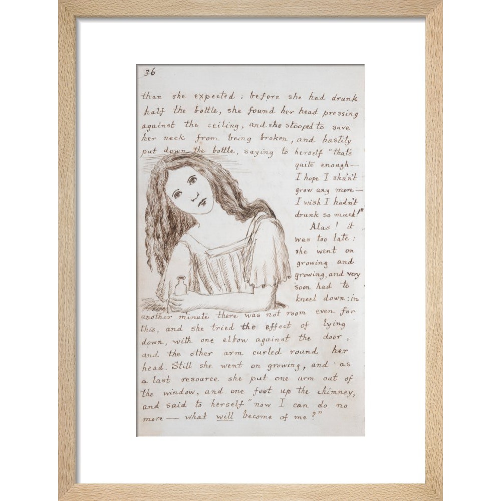 Alice puts down the bottle print in natural frame