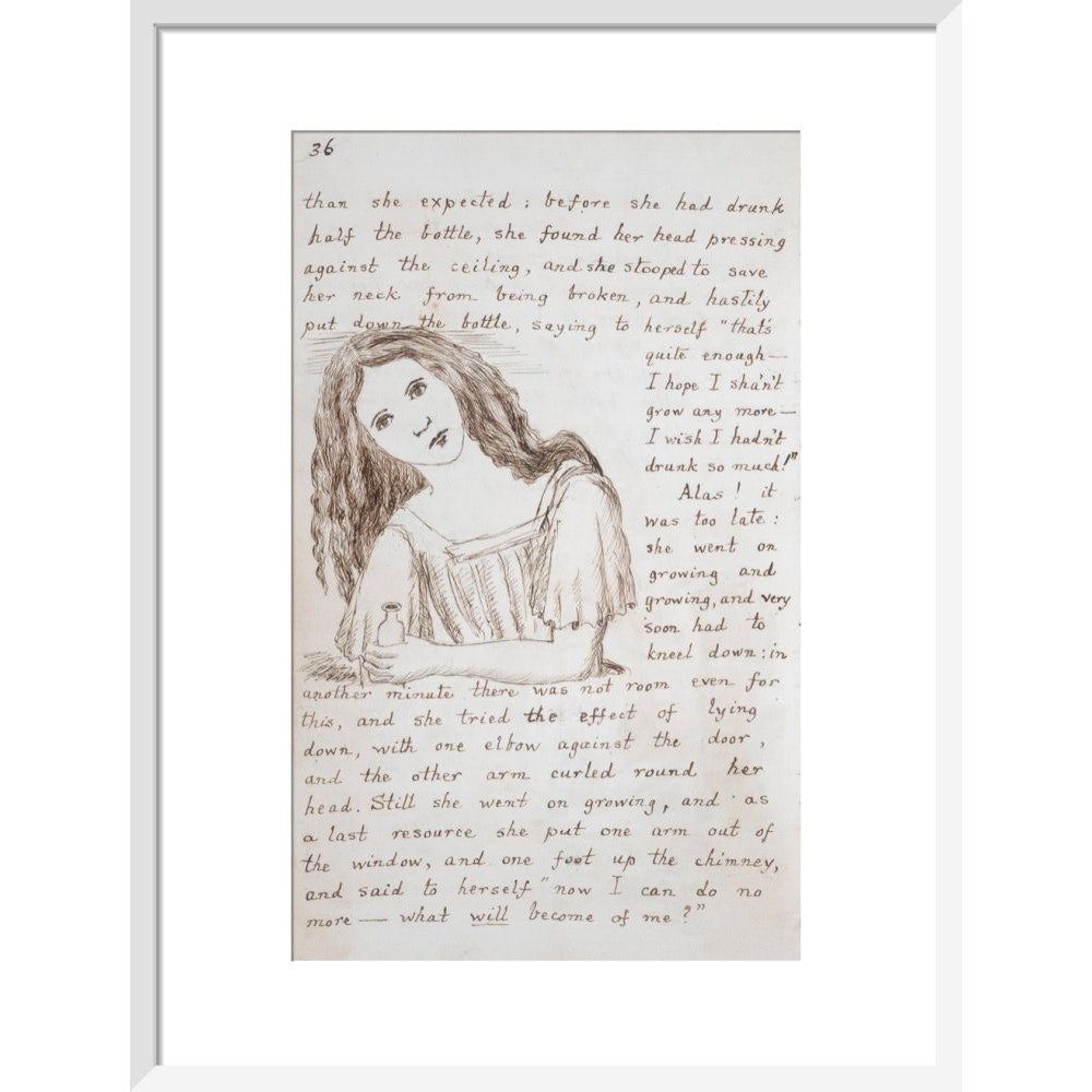 Alice puts down the bottle print in white frame