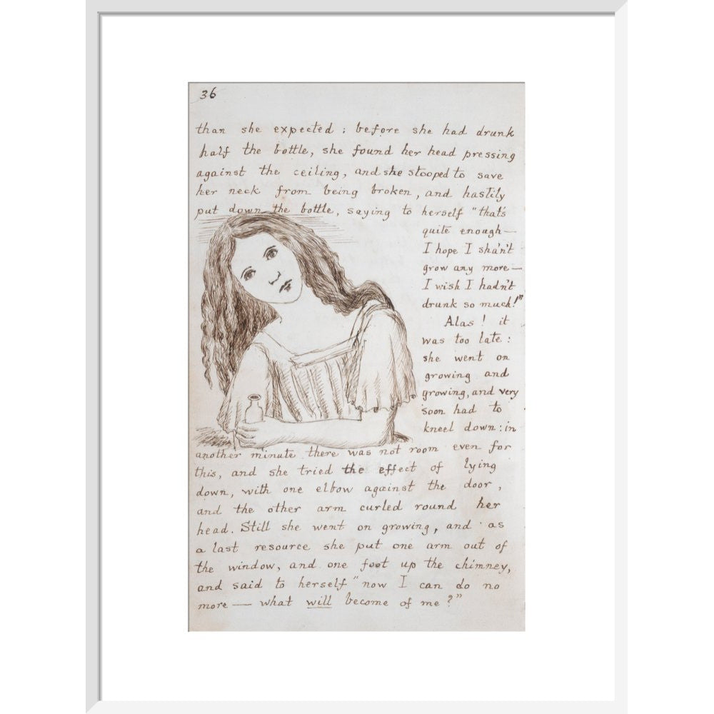 Alice puts down the bottle print in white frame
