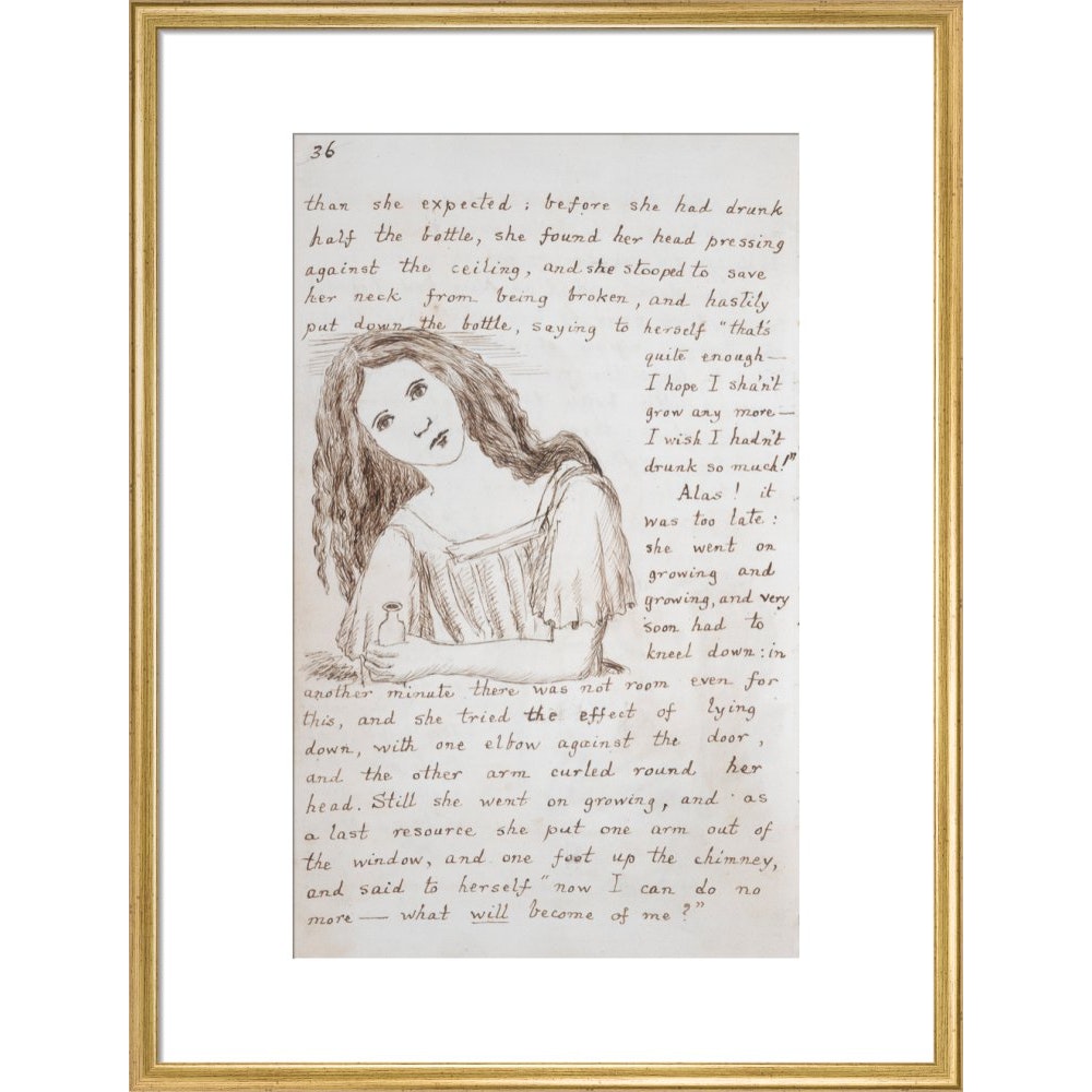 Alice puts down the bottle print in gold frame