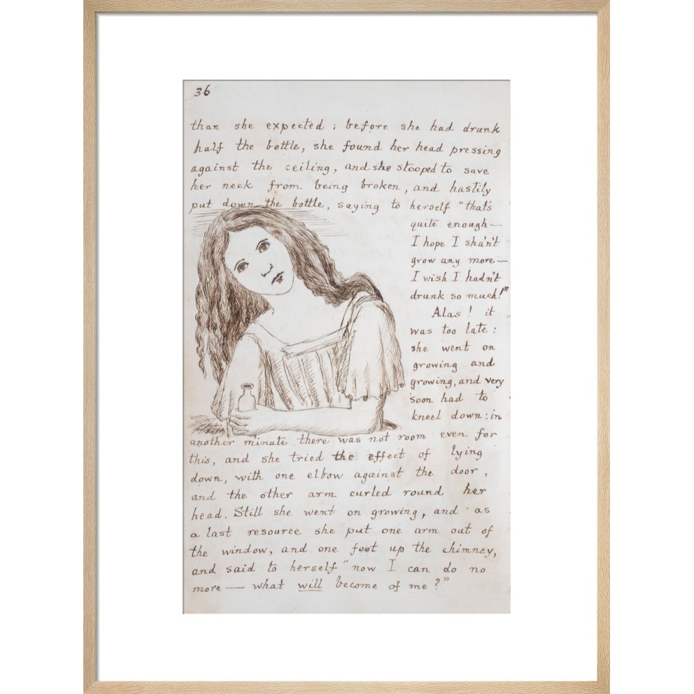 Alice puts down the bottle print in natural frame