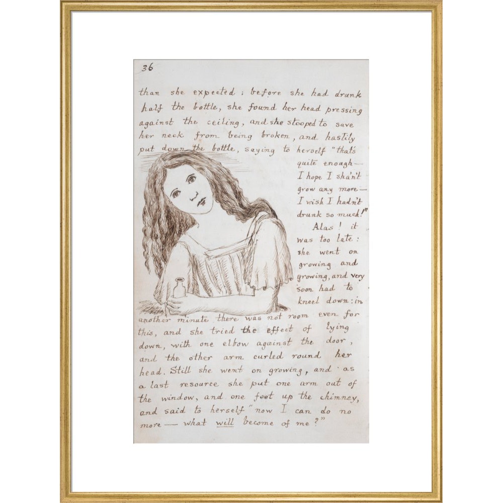 Alice puts down the bottle print in gold frame