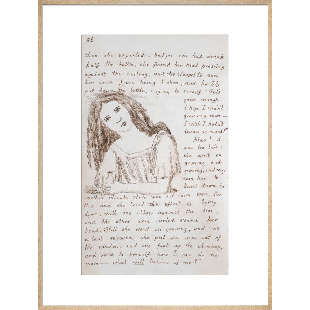 Alice puts down the bottle print in natural frame