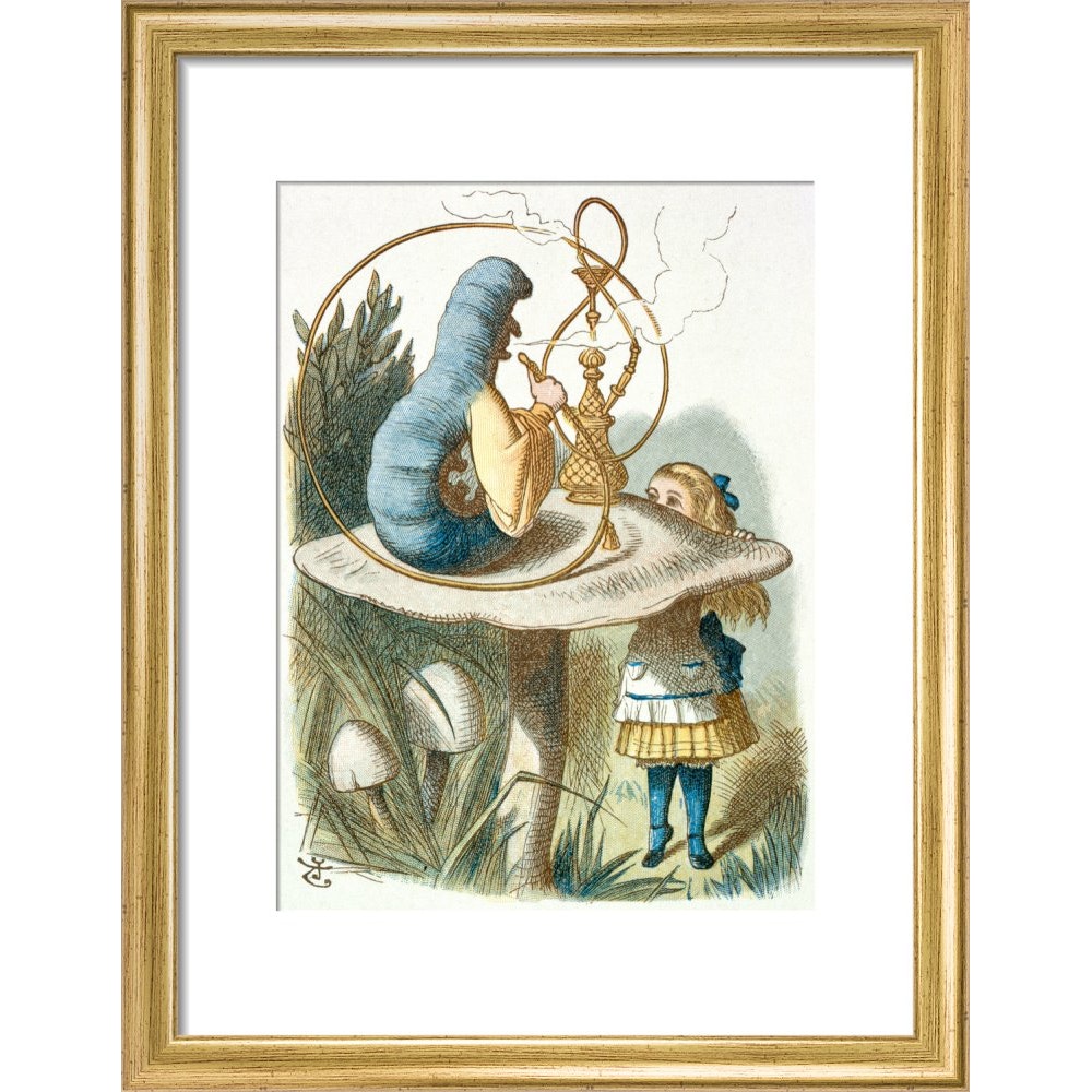 Alice meets the blue caterpillar print in gold frame