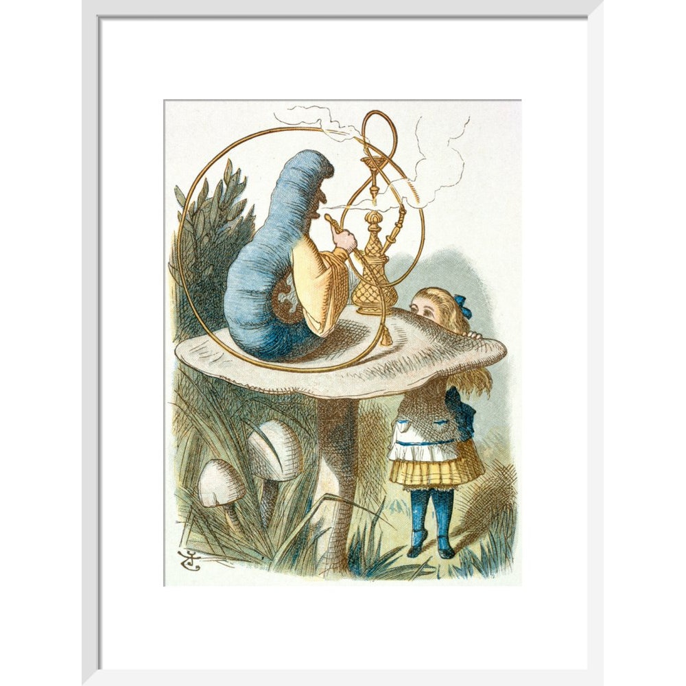 Alice meets the blue caterpillar print in white frame