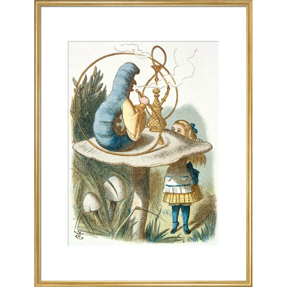 Alice meets the blue caterpillar print in gold frame