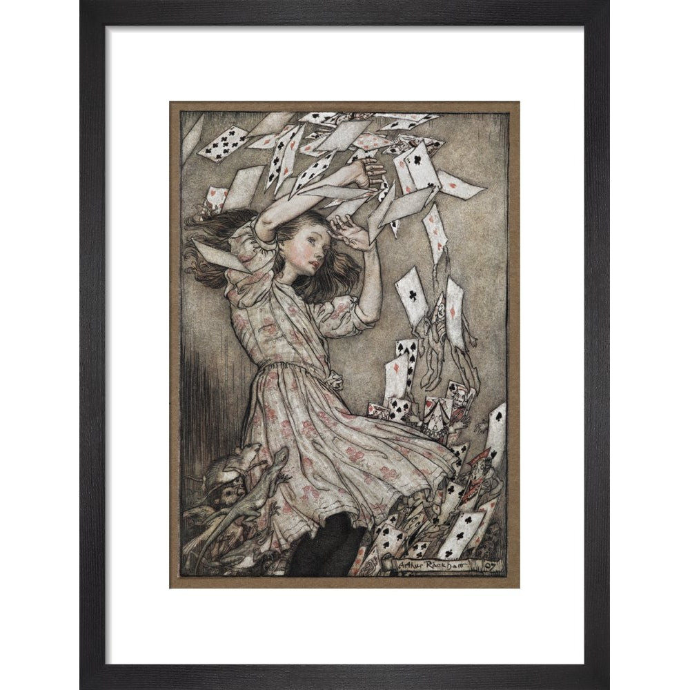Alice and the falling pack of cards print in black frame