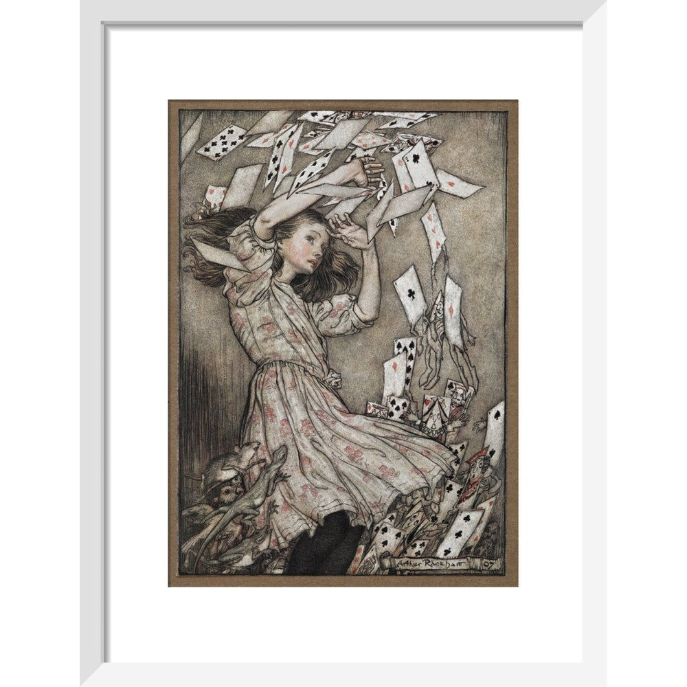 Alice and the falling pack of cards print in white frame
