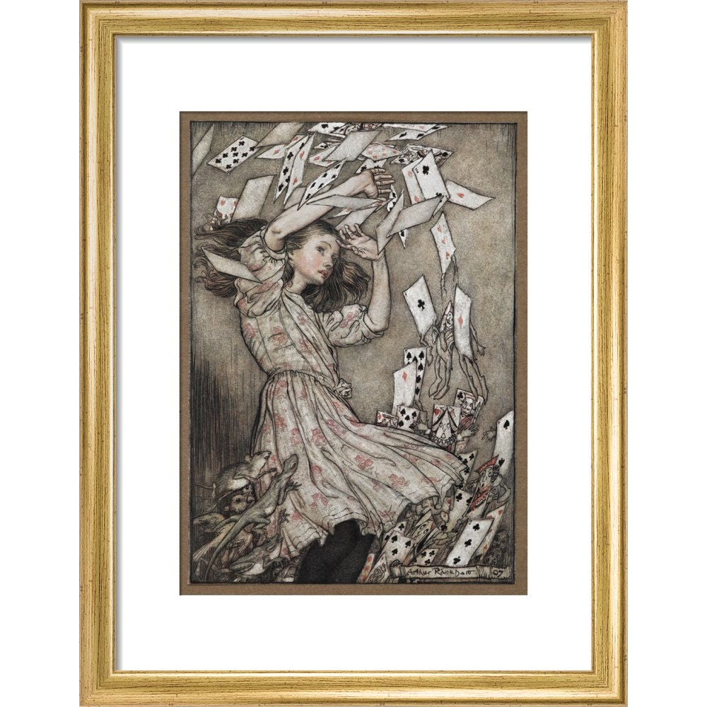 Alice and the falling pack of cards print in gold frame