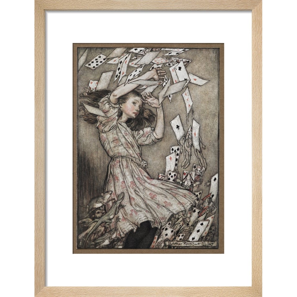 Alice and the falling pack of cards print in natural frame