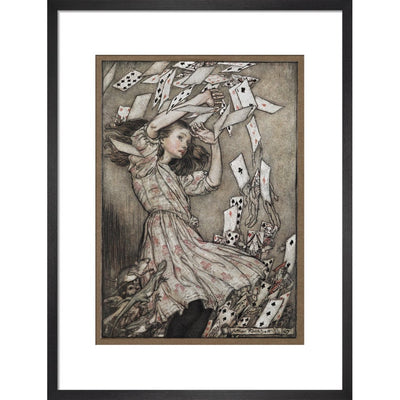 Alice and the falling pack of cards print in black frame