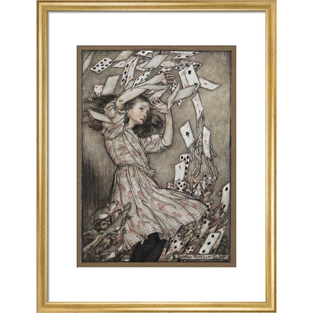 Alice and the falling pack of cards print in gold frame