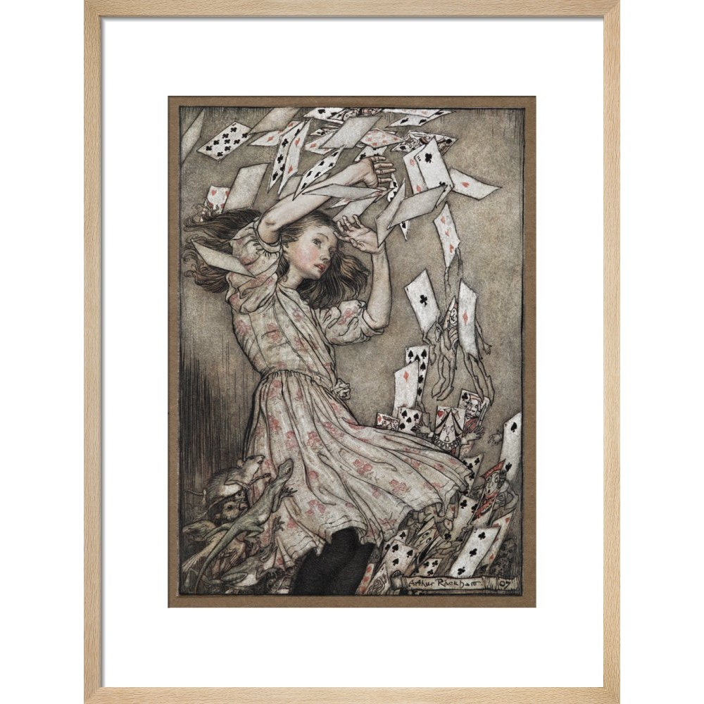 Alice and the falling pack of cards print in natural frame