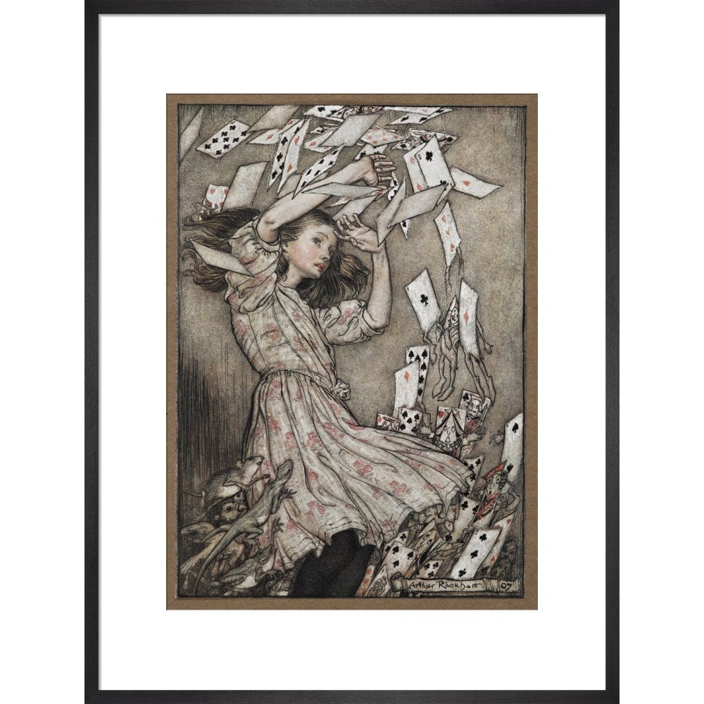 Alice and the falling pack of cards print in black frame