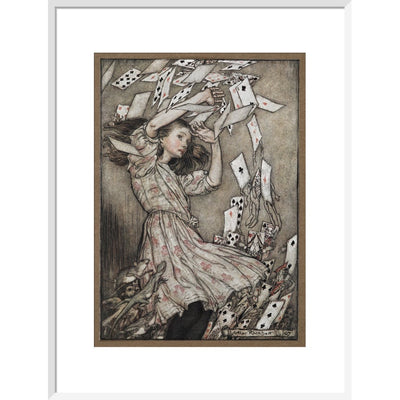 Alice and the falling pack of cards print in white frame