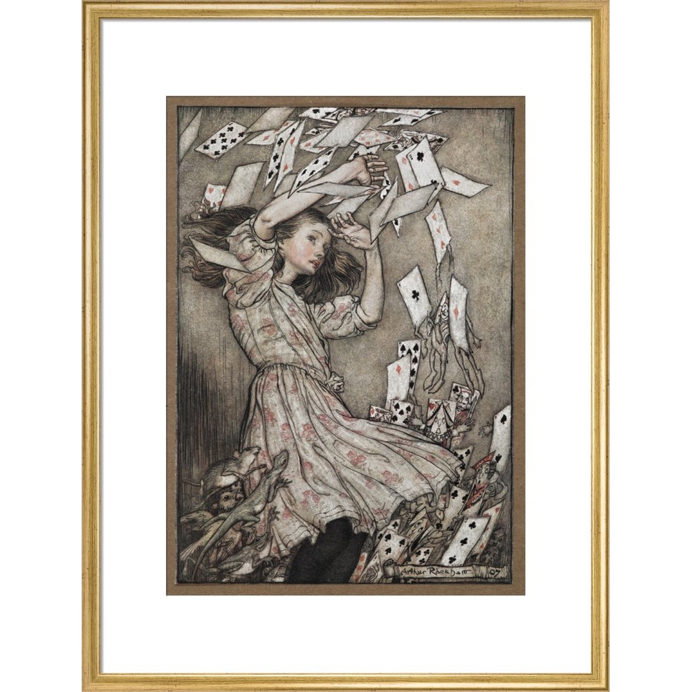 Alice and the falling pack of cards print in gold frame