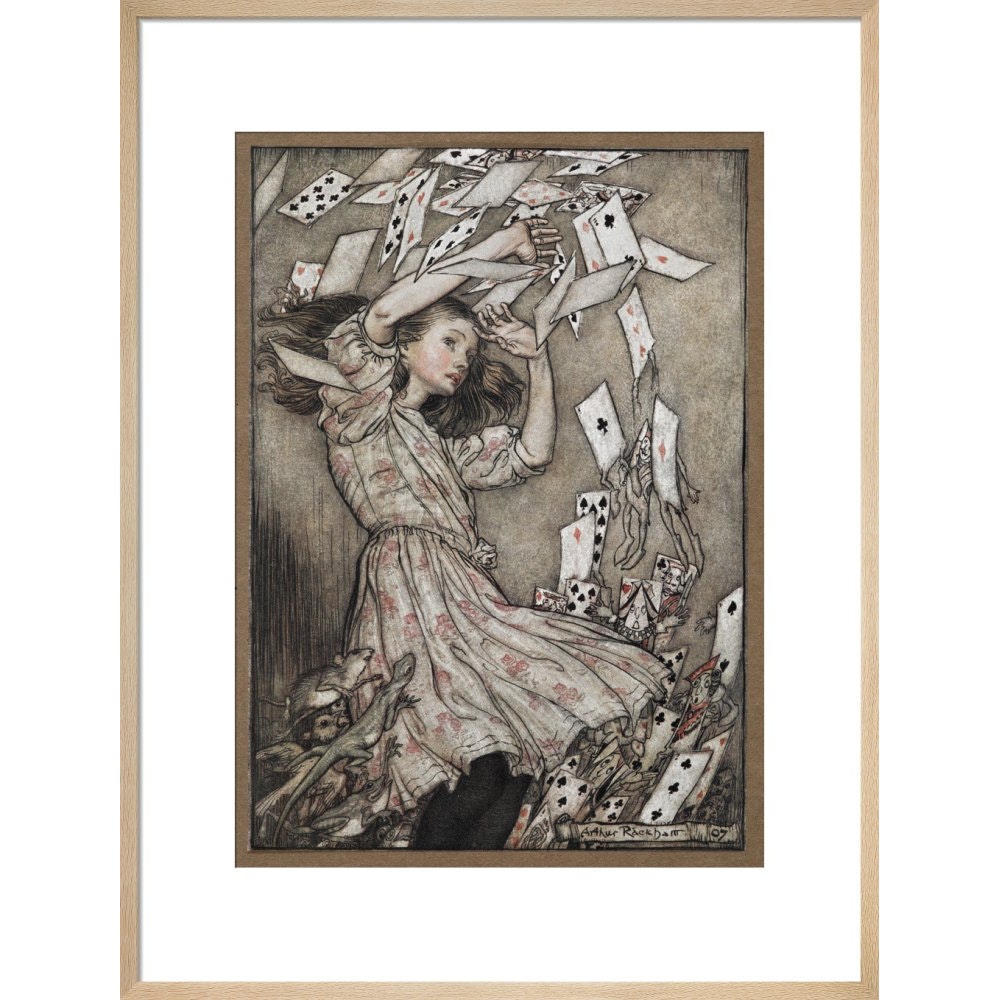 Alice and the falling pack of cards print in natural frame