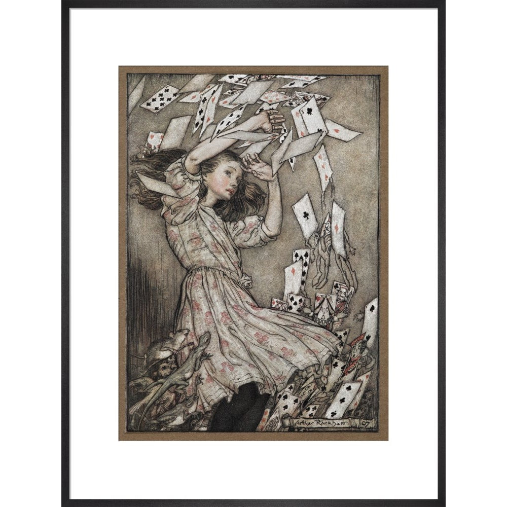 Alice and the falling pack of cards print in black frame